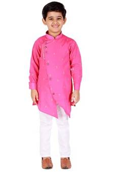 Pink Printed Cotton Boys Cut Kurta Pajama Set