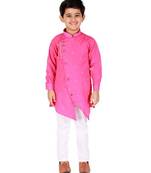 Pink Printed Cotton Boys Cut Kurta Pajama Set