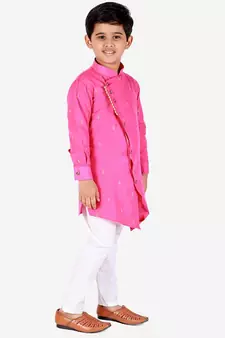 Pink Printed Cotton Boys Cut Kurta Pajama Set