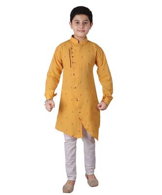 Yellow Printed Cotton Boys Cut Kurta Pajama Set 1