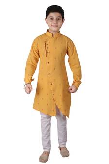 Yellow Printed Cotton Boys Cut Kurta Pajama Set