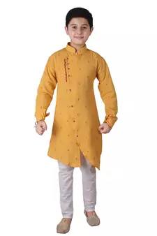 Yellow Printed Cotton Boys Cut Kurta Pajama Set