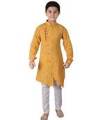 Yellow Printed Cotton Boys Cut Kurta Pajama Set