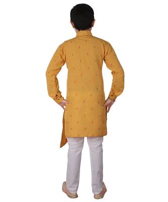 Yellow Printed Cotton Boys Cut Kurta Pajama Set 2