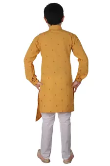 Yellow Printed Cotton Boys Cut Kurta Pajama Set