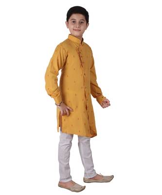 Yellow Printed Cotton Boys Cut Kurta Pajama Set 3