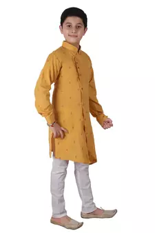 Yellow Printed Cotton Boys Cut Kurta Pajama Set