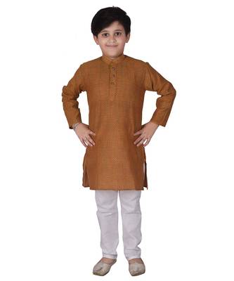 Brown Self Design Cotton Boys Kurta Pajama Set 1