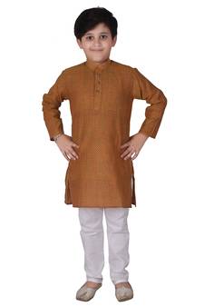 Brown Self Design Cotton Boys Kurta Pajama Set