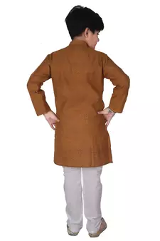 Brown Self Design Cotton Boys Kurta Pajama Set