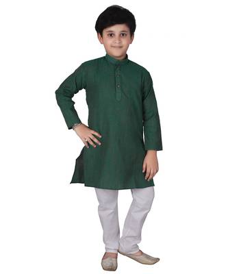 Green Self Design Cotton Boys Kurta Pajama Set 1
