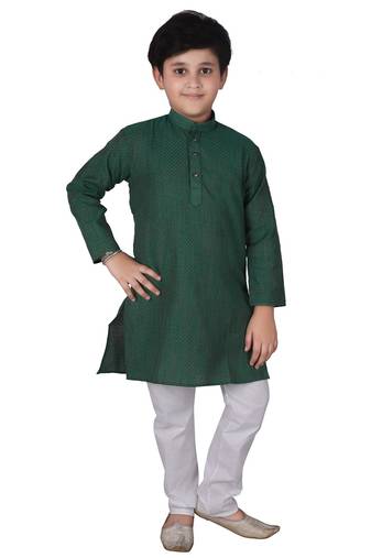Green Self Design Cotton Boys Kurta Pajama Set