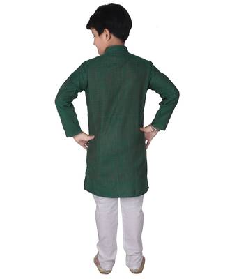 Green Self Design Cotton Boys Kurta Pajama Set 2