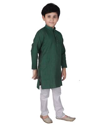 Green Self Design Cotton Boys Kurta Pajama Set 3