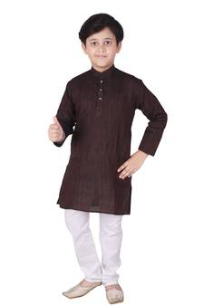 Maroon Self Design Cotton Boys Kurta Pajama Set