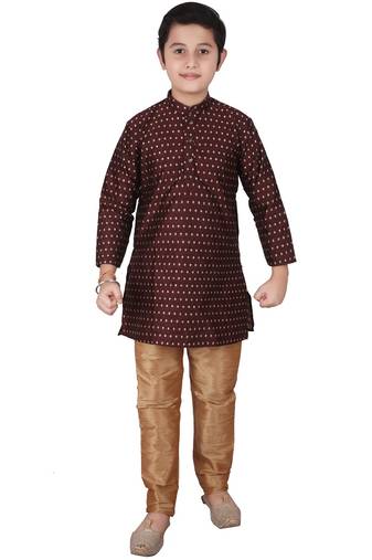 Maroon Printed Silk Boys Kurta Pajama Set