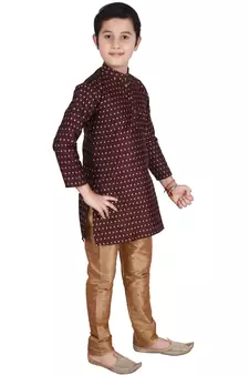 Maroon Printed Silk Boys Kurta Pajama Set