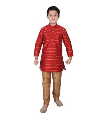 Red Printed Silk Boys Kurta Pajama Set 1