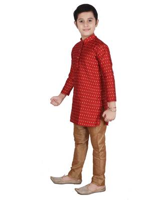 Red Printed Silk Boys Kurta Pajama Set 2