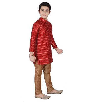 Red Printed Silk Boys Kurta Pajama Set 3