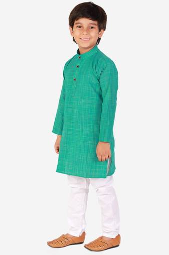 Green Check Cotton Boys Kurta Pajama Set