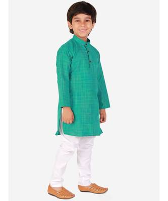 Green Check Cotton Boys Kurta Pajama Set 3