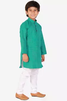 Green Check Cotton Boys Kurta Pajama Set