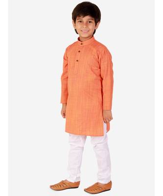 Orange Check Cotton Boys Kurta Pajama Set 1
