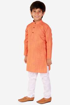 Orange Check Cotton Boys Kurta Pajama Set