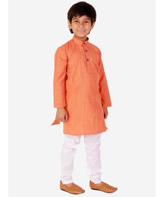 Orange Check Cotton Boys Kurta Pajama Set 2