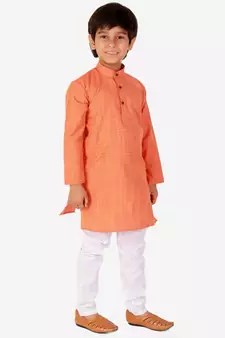 Orange Check Cotton Boys Kurta Pajama Set