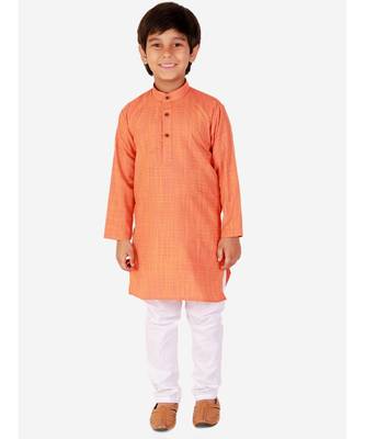 Orange Check Cotton Boys Kurta Pajama Set 3