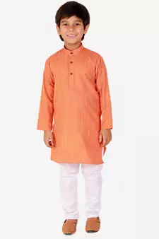 Orange Check Cotton Boys Kurta Pajama Set