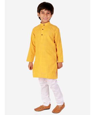 Yellow Check Cotton Boys Kurta Pajama Set 1