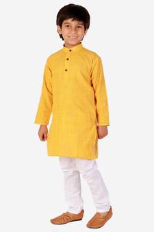 Yellow Check Cotton Boys Kurta Pajama Set