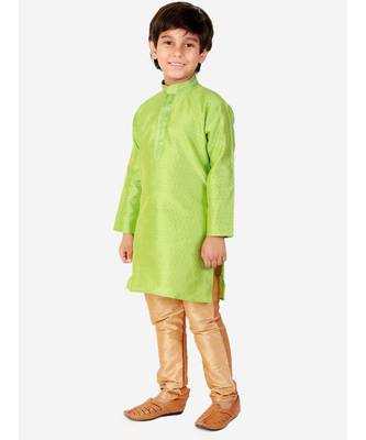 Green Self Design Silk Boys Kurta Pajama Set 1
