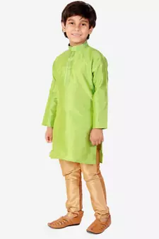Green Self Design Silk Boys Kurta Pajama Set