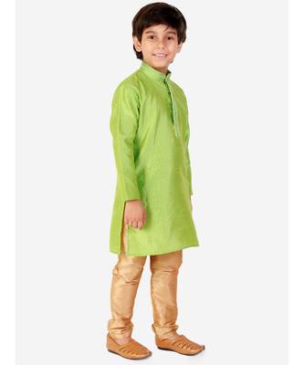 Green Self Design Silk Boys Kurta Pajama Set 2