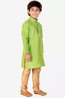 Green Self Design Silk Boys Kurta Pajama Set