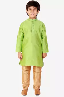 Green Self Design Silk Boys Kurta Pajama Set