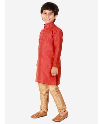 Red Self Design Silk Boys Kurta Pajama Set 1