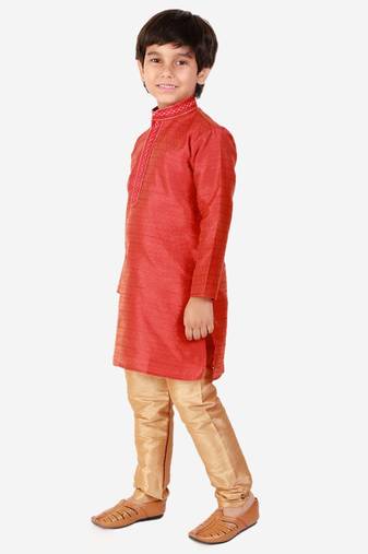 Red Self Design Silk Boys Kurta Pajama Set