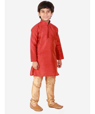 Red Self Design Silk Boys Kurta Pajama Set 2