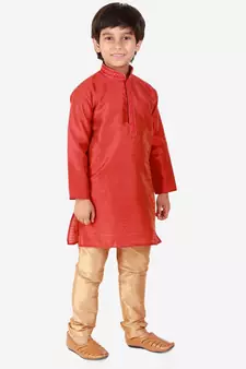 Red Self Design Silk Boys Kurta Pajama Set