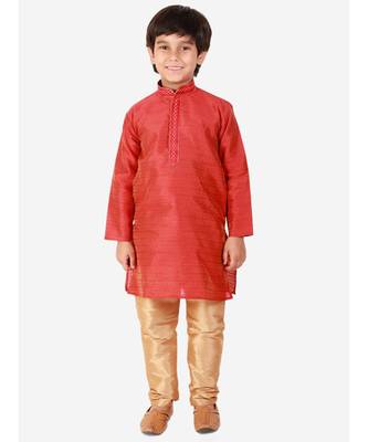 Red Self Design Silk Boys Kurta Pajama Set 3