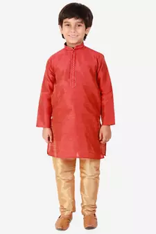 Red Self Design Silk Boys Kurta Pajama Set