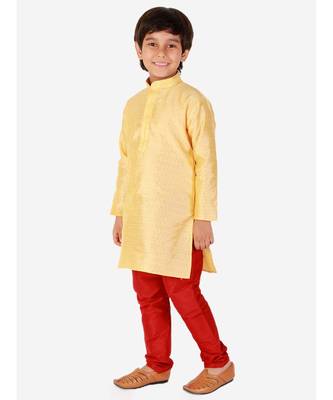 Yellow Self Design Silk Boys Kurta Pajama Set 3