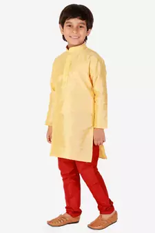 Yellow Self Design Silk Boys Kurta Pajama Set