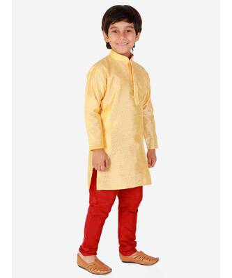 Yellow Self Design Silk Boys Kurta Pajama Set 1