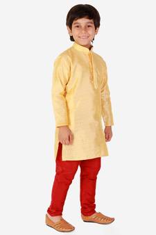 Yellow Self Design Silk Boys Kurta Pajama Set